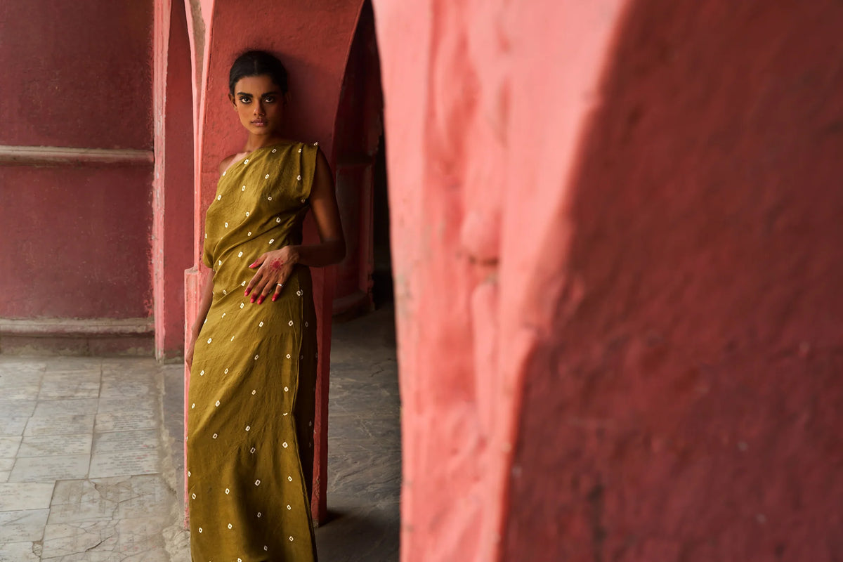 Lalita Dress | Green Bandhani Silk